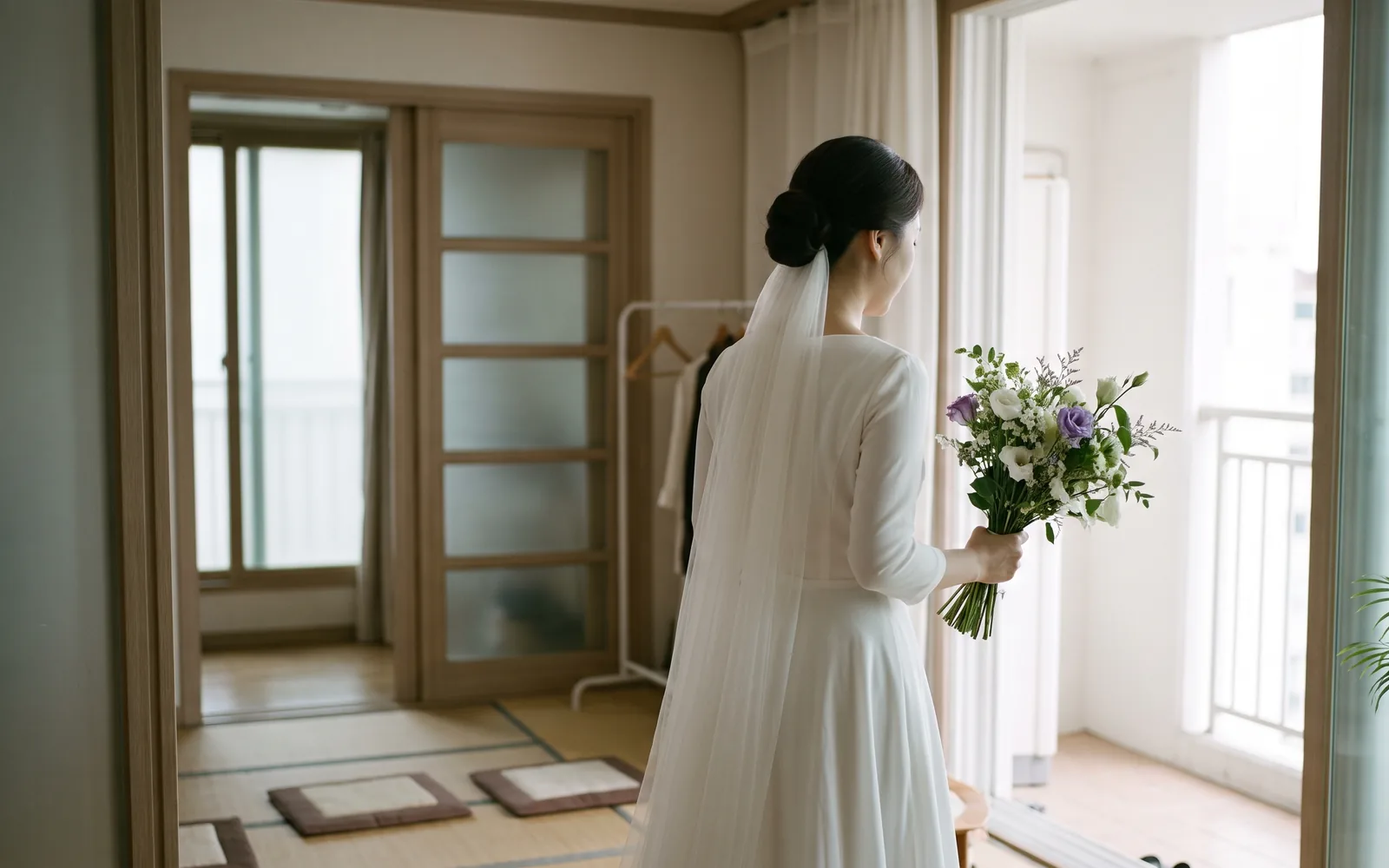 순백의 웨딩드레스를 입고 부케를 든 신부의 뒷모습.
