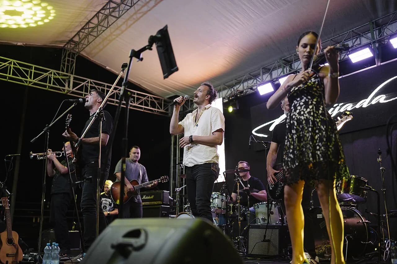 Live music performance at a summer festival with energetic crowd and talented musicians on stage