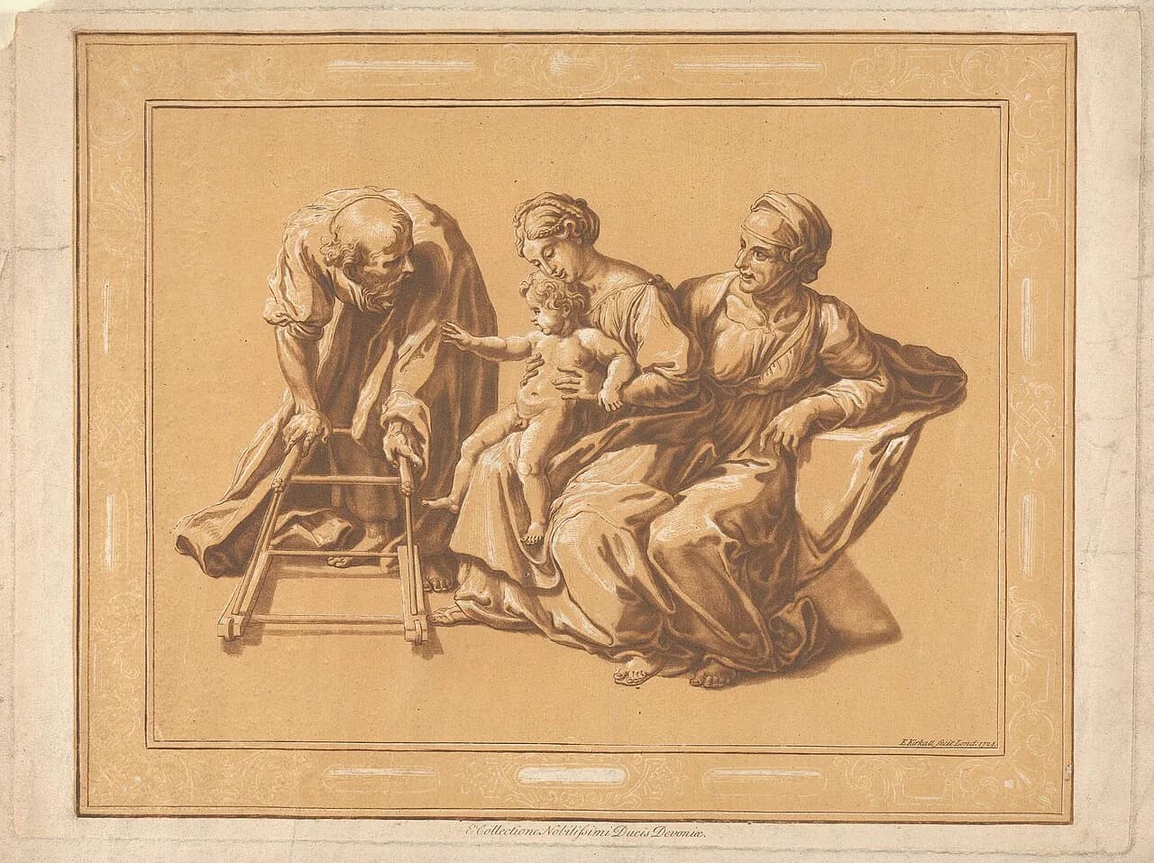 Mother, Child, old man with baby's walking frame on wheels title QS:P1476,en:"Mother, Child, old man with baby's walking