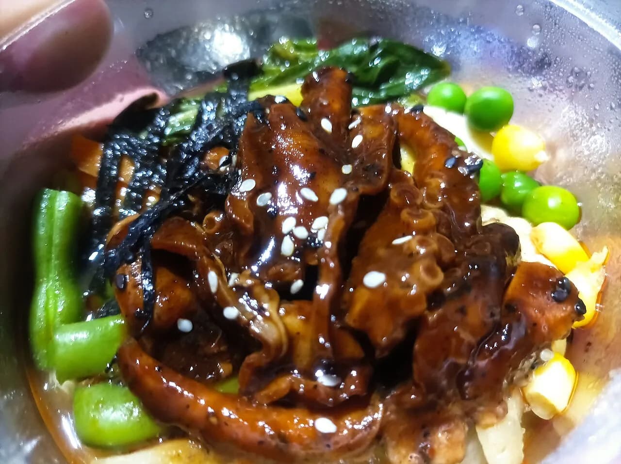 Fusion of Japanese and Meitei cuisines - Mixed bowl of octopus ramen noodles and traditional Meetei vegetables - Imphal,